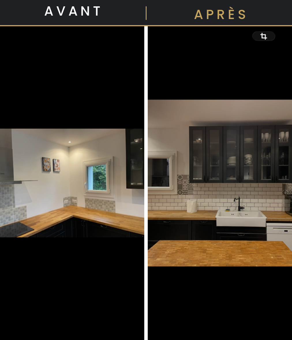Rénovation complète de cuisine — meubles noirs & crédence métro