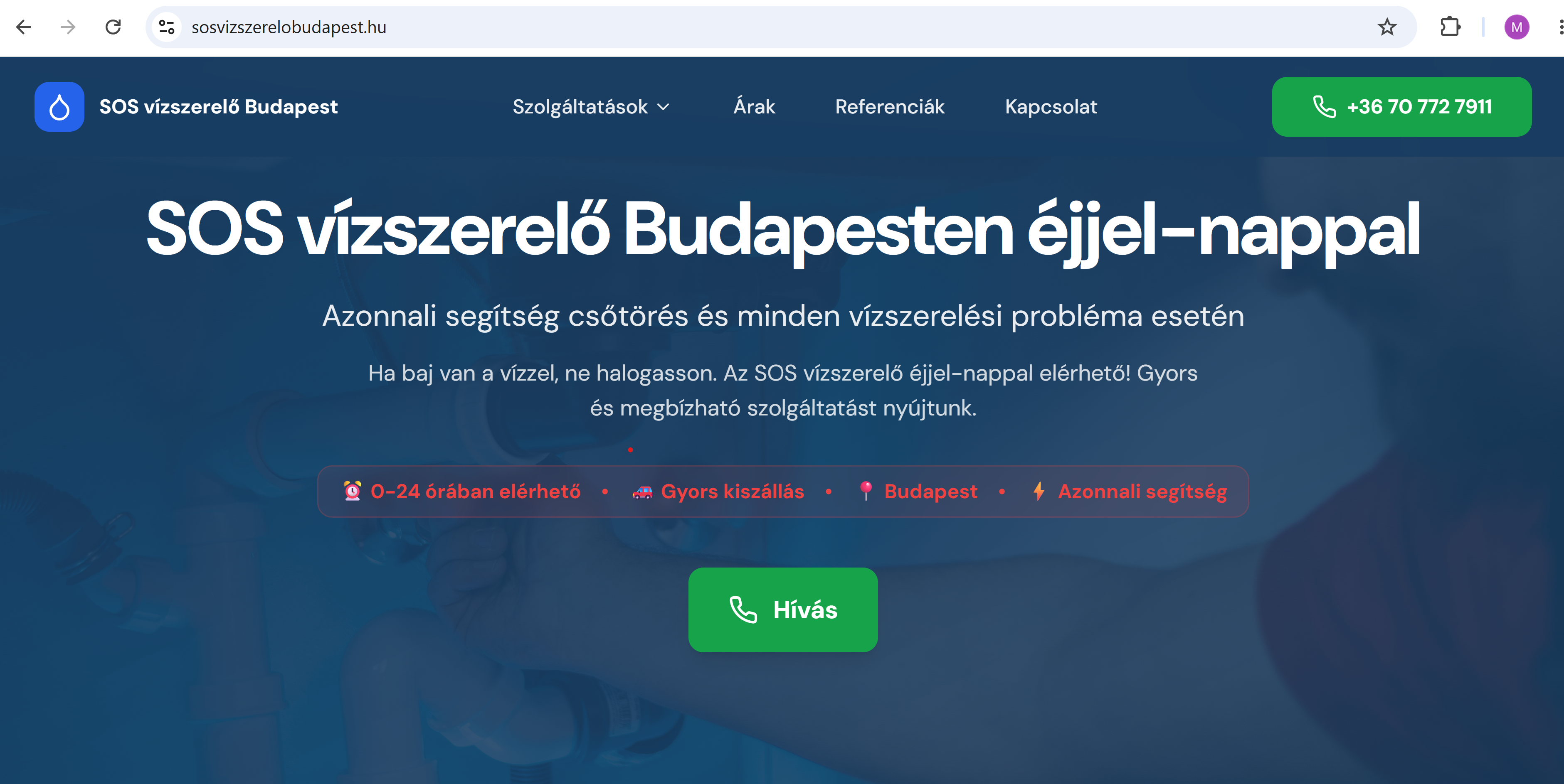 SOS Vízszerelő Budapest weboldal - ügyfélszerző rendszer