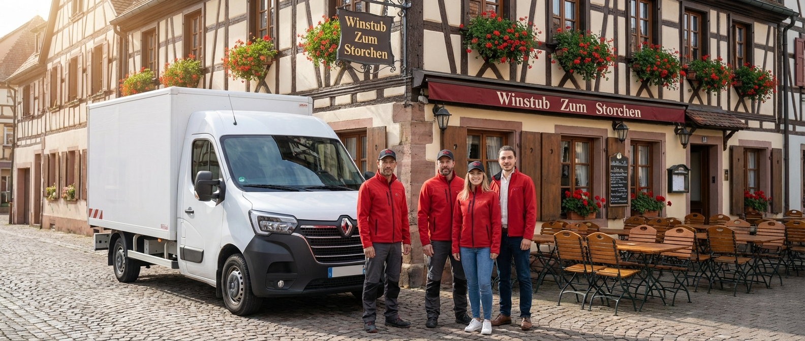 Équipe Expert Nuisibles Alsace devant une maison alsacienne à colombages