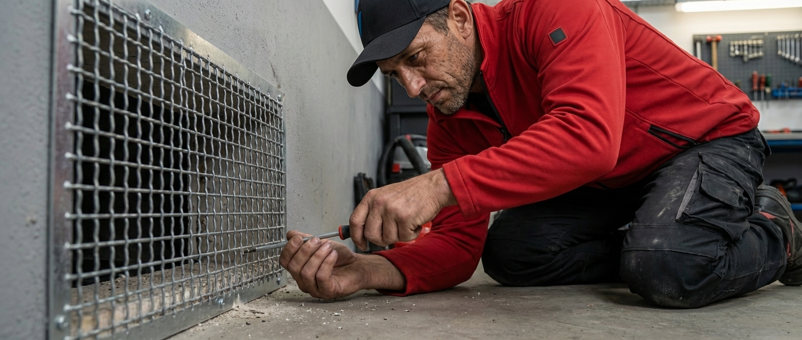 Technicien Expert Nuisibles Alsace posant une grille anti-rongeurs