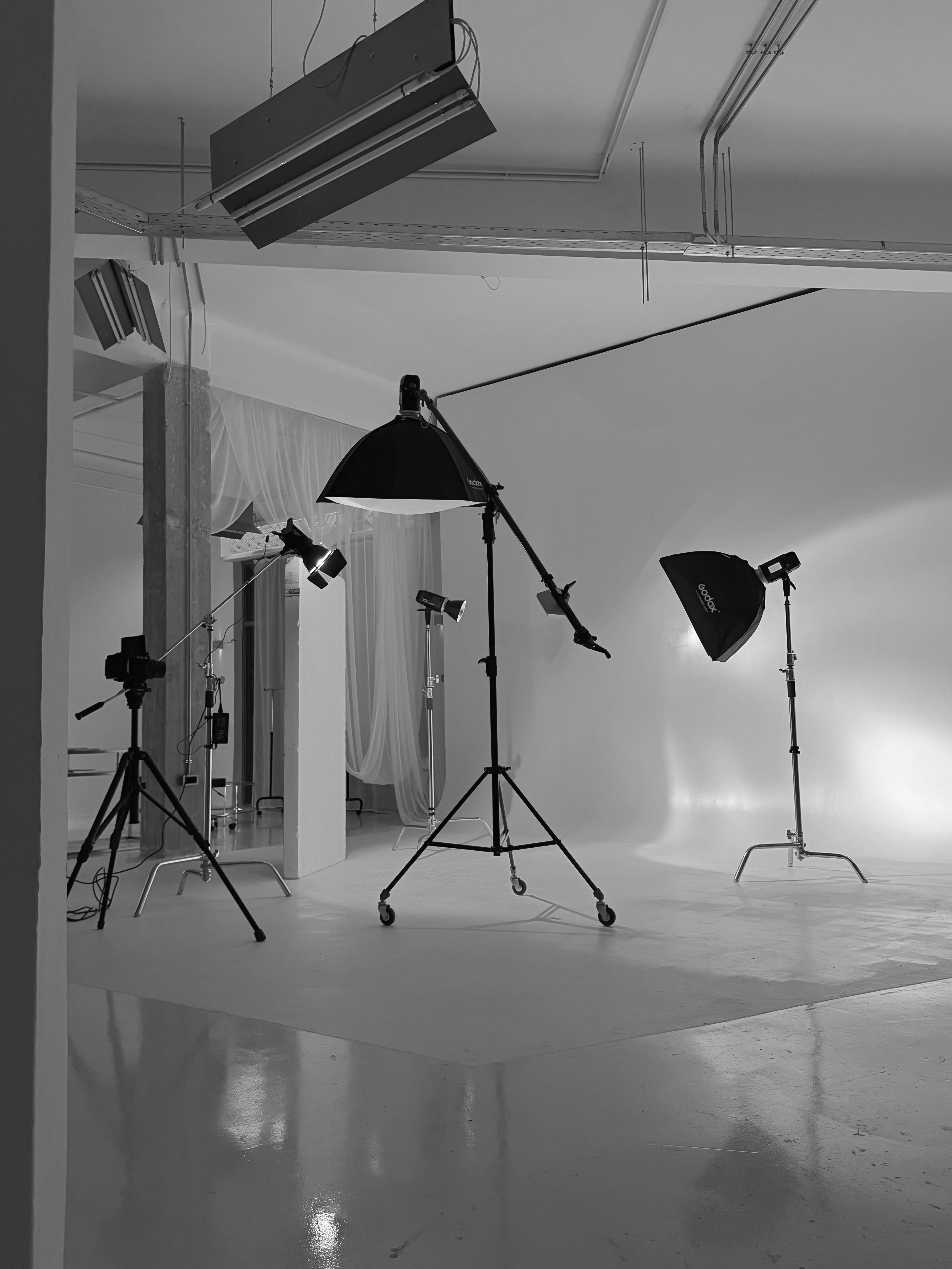 Full studio view with lighting equipment
