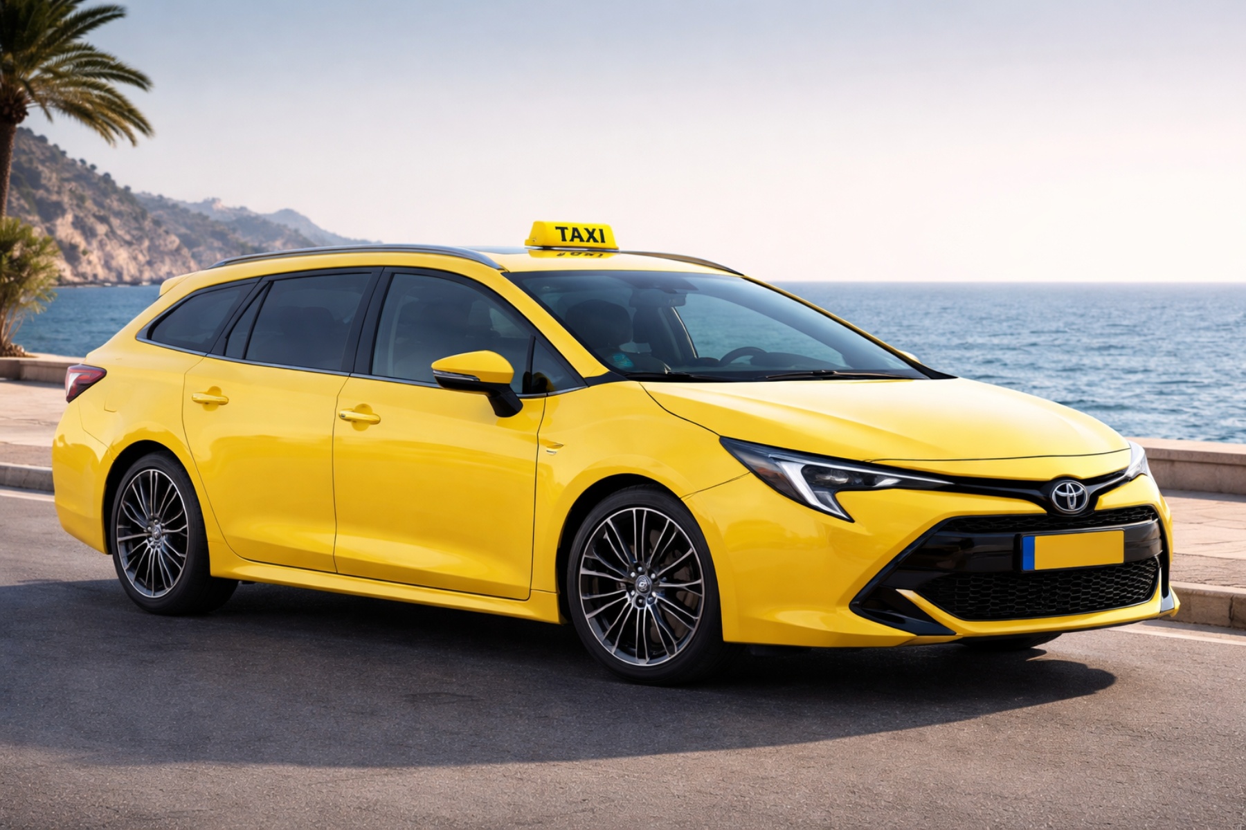 Our yellow Toyota Corolla taxi at Athens International Airport