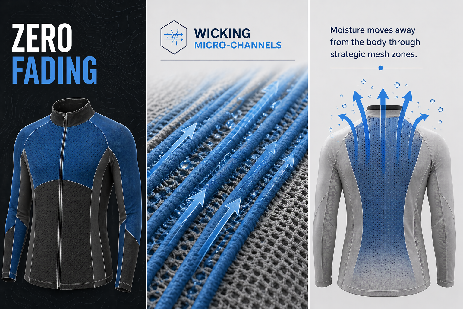 Zero fading fabric · Wicking micro-channels · Moisture moves away through strategic mesh zones