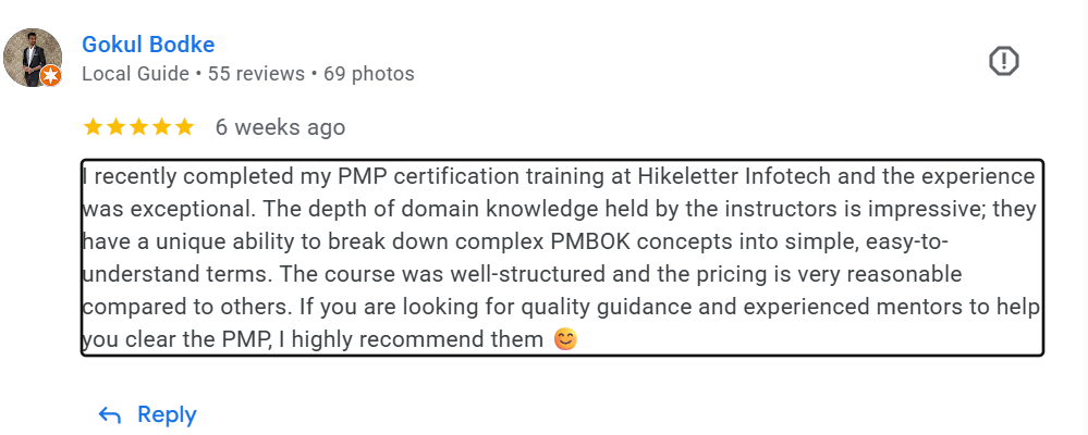 Google review from Gokul Bodke (Local Guide, 5★) about Hikeletter Infotech PMP certification training