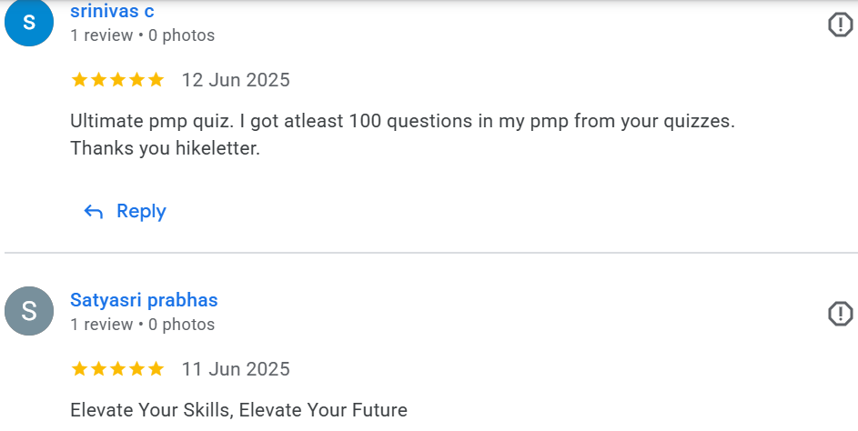 Google review from Nikhil Vantipalli (5★) — detailed PMP practice quiz testimonial