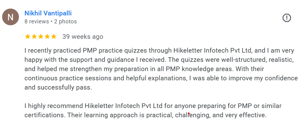 Google reviews from srinivas c and Satyasri prabhas (5★) — ultimate PMP quiz, elevate your future