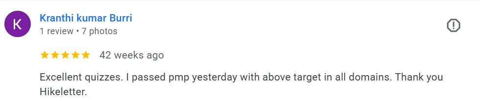 Google review from Kranthi kumar Burri (5★) — passed PMP with above target