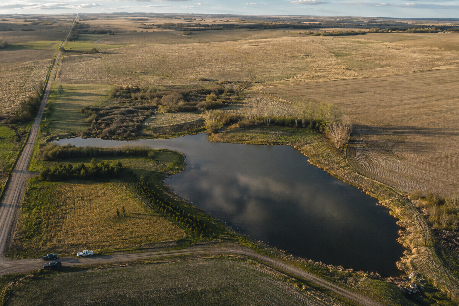 Aerial view of a prairie dugout pond beside a country road on Alberta farmland at golden hour
