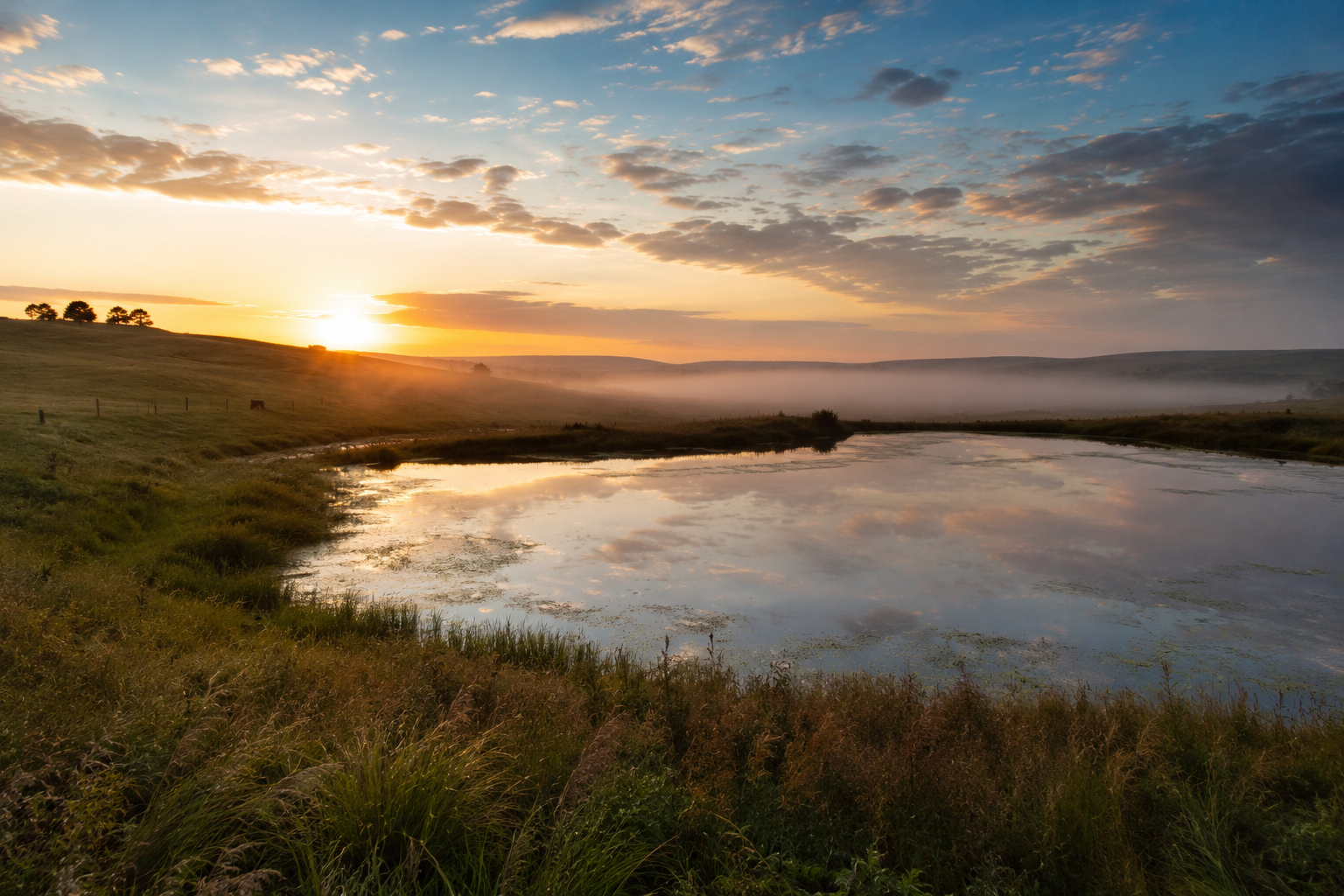 Morning mist settling over a prairie pond at sunrise in Alberta