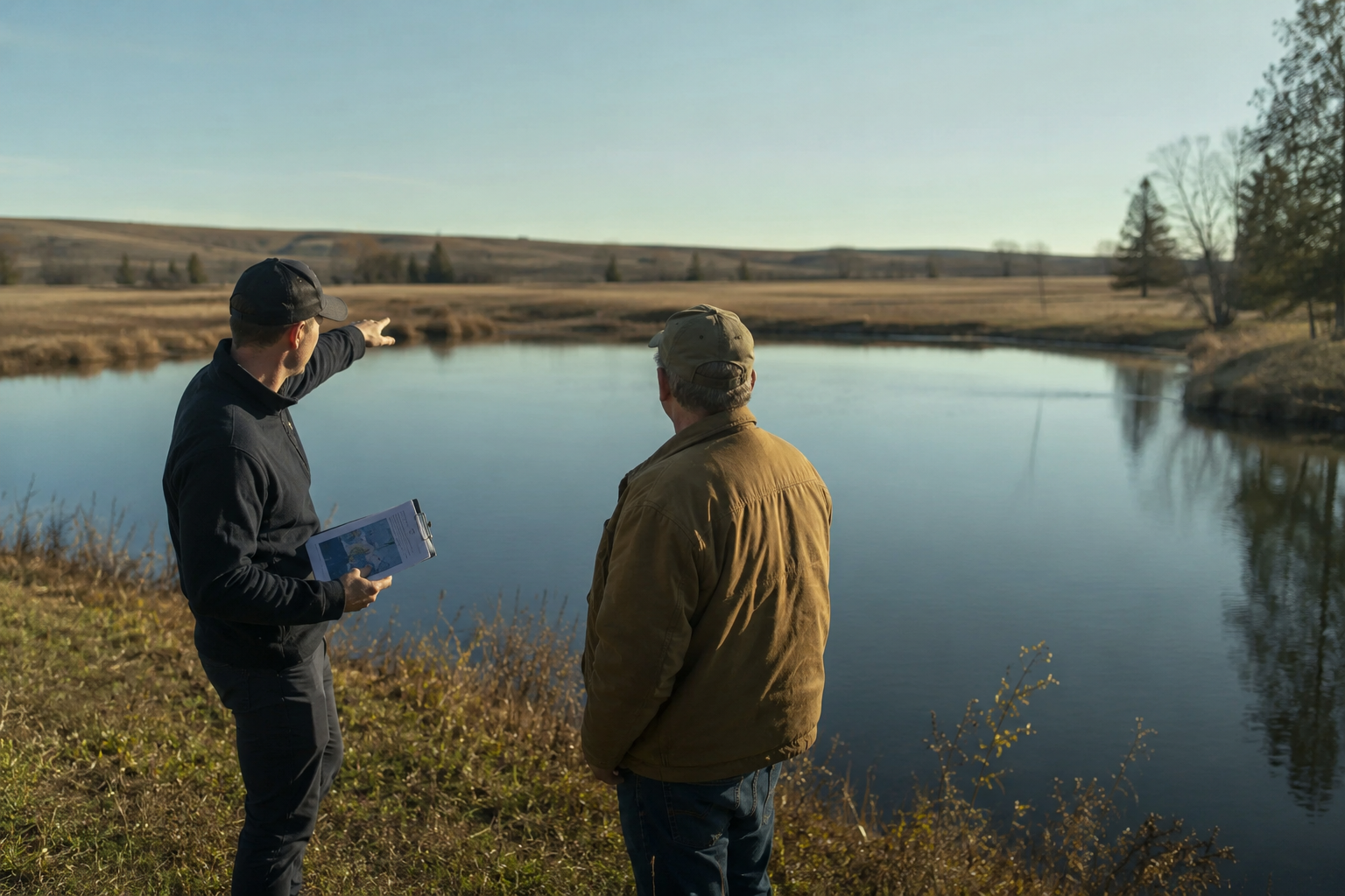 A consultant pointing across a prairie pond while talking with an Alberta landowner