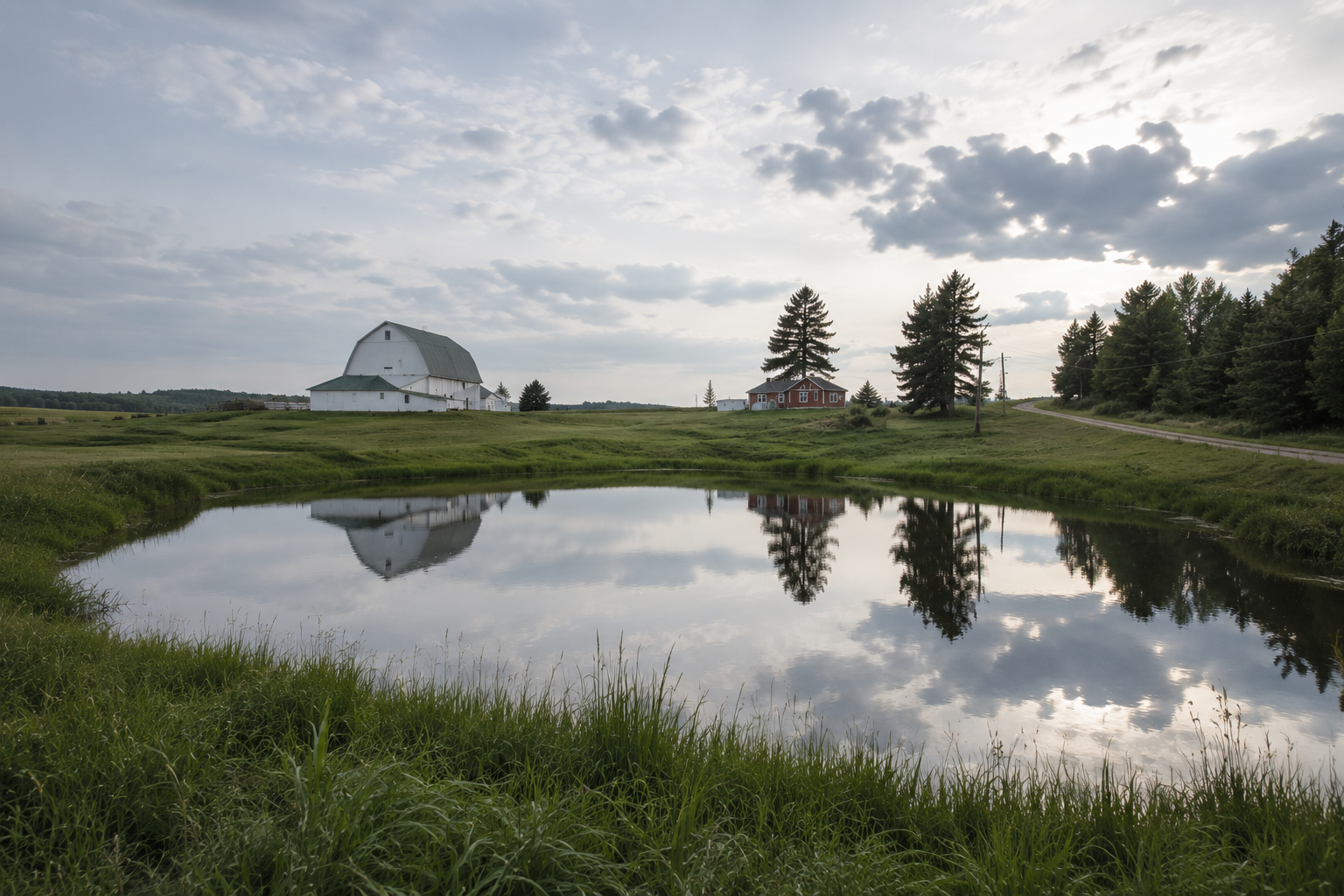 A farm pond reflecting the sky, with a white barn and farmhouse on green Alberta parkland
