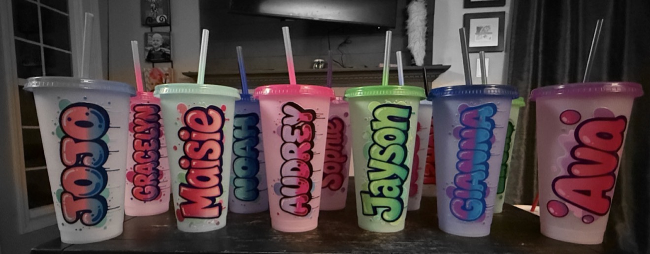 Personalized airbrush-style name kids' tumblers from a recent party