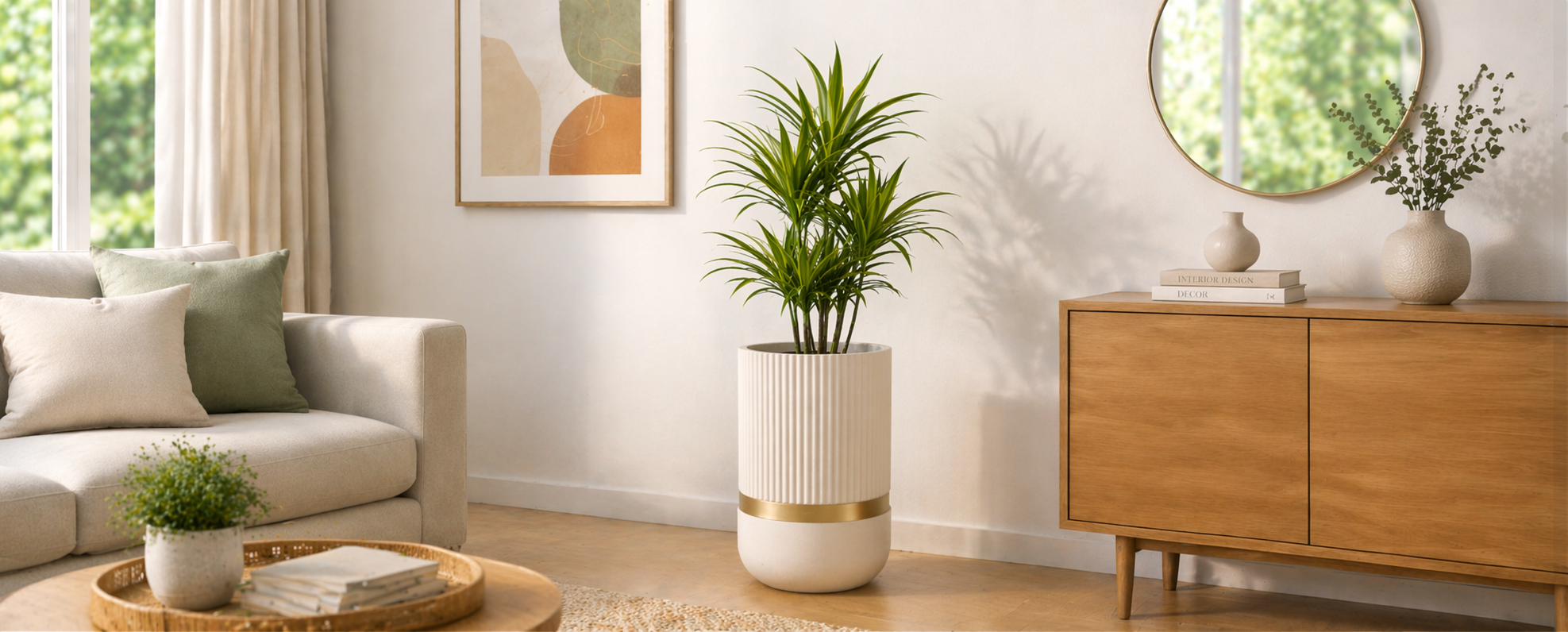 Premium white ribbed FRP planter in luxury living room
