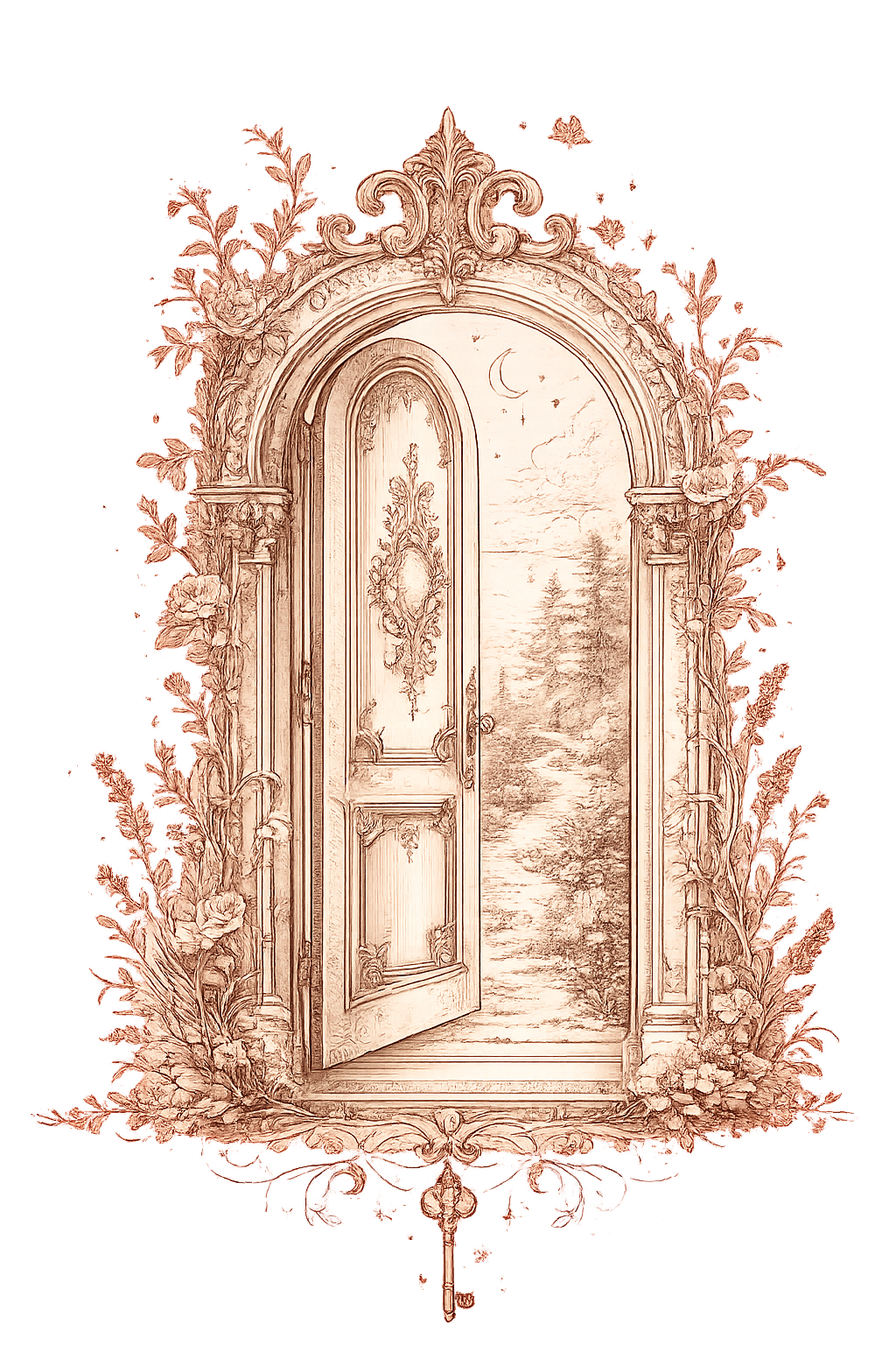 An intricate sepia line-art illustration of an open arched door framed in florals and scrollwork, with a crescent moon and path visible beyond and a small key beneath