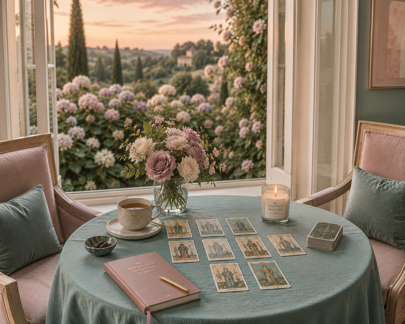 A sunlit window seat with two upholstered striped chairs, a round linen-draped table set with a patterned teapot, teacup, fresh white florals, biscuits, and tarot cards laid across the cloth