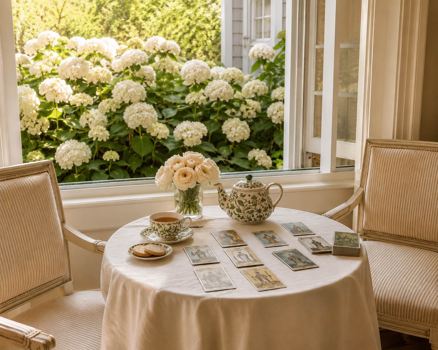 A sunlit window seat with two upholstered striped chairs, a round linen-draped table set with a patterned teapot, teacup, fresh white florals, biscuits, and tarot cards laid across the cloth