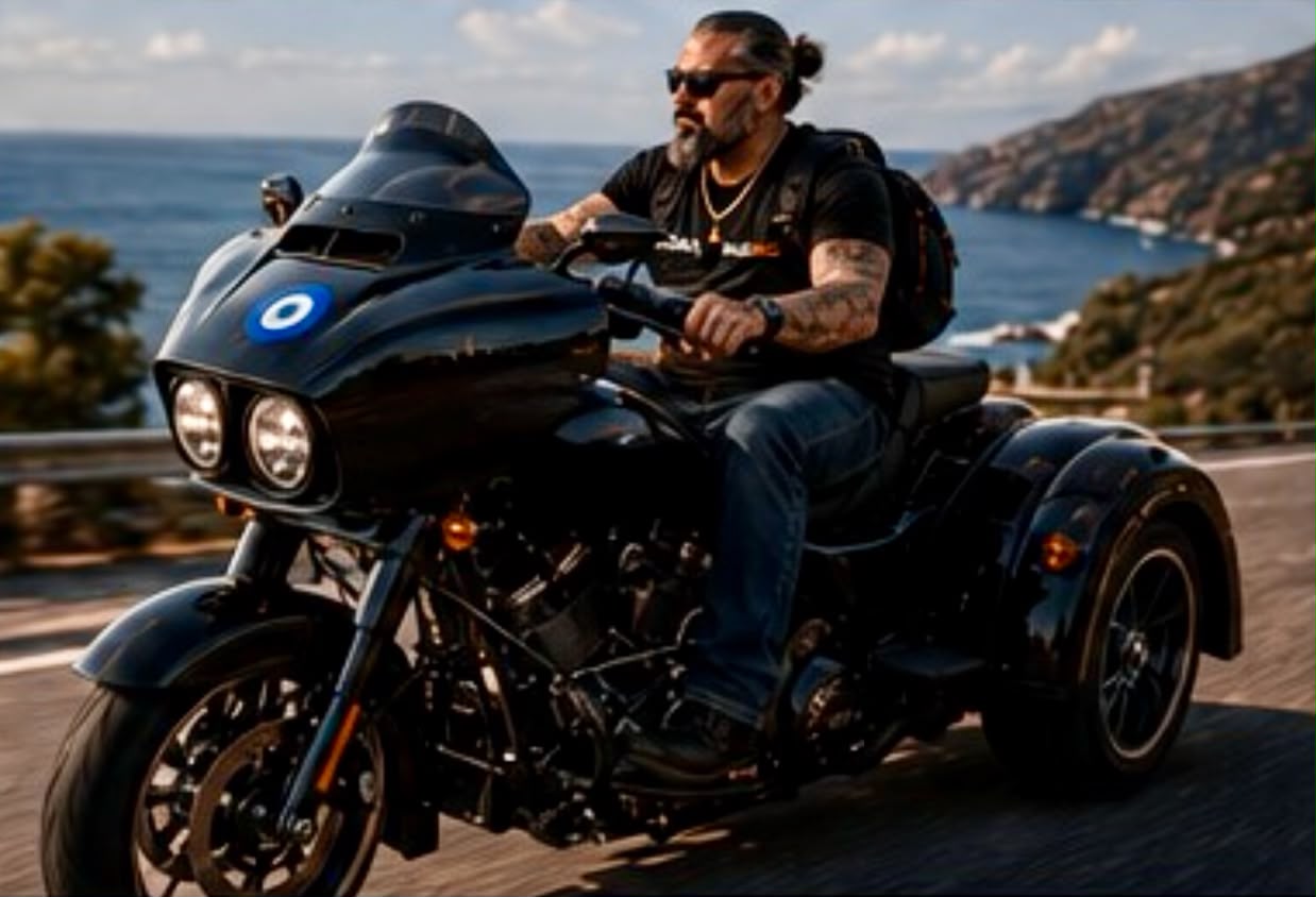 John riding his 2024 Harley-Davidson Road Glide 3 along the coast