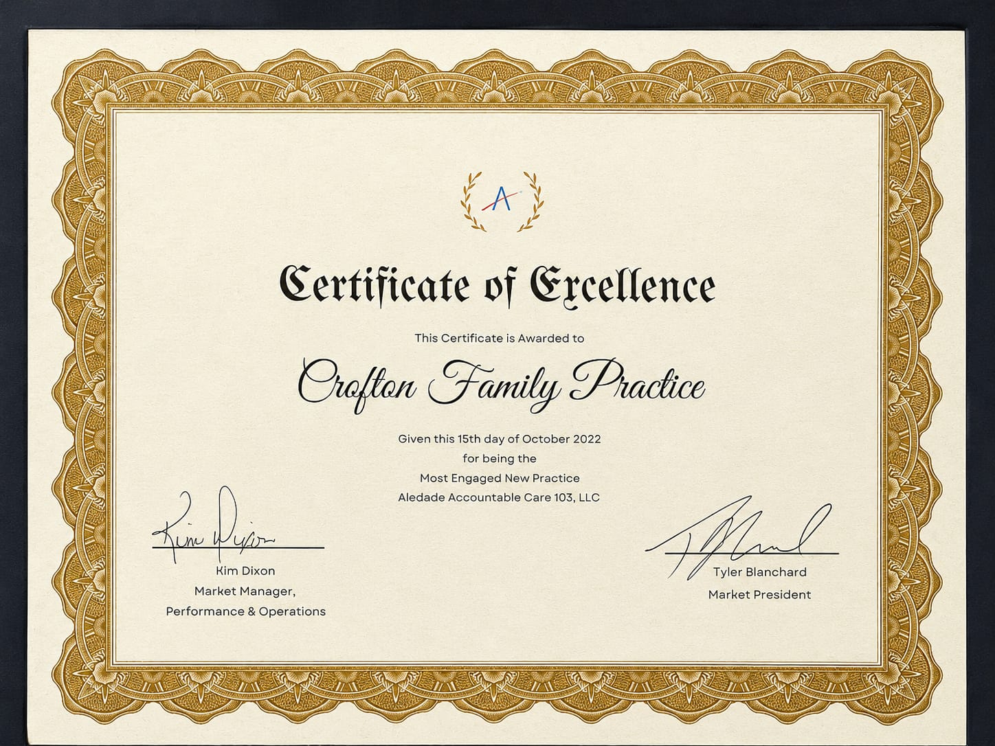 Certificate of Excellence - Most Engaged New Practice, Aledade Accountable Care 103