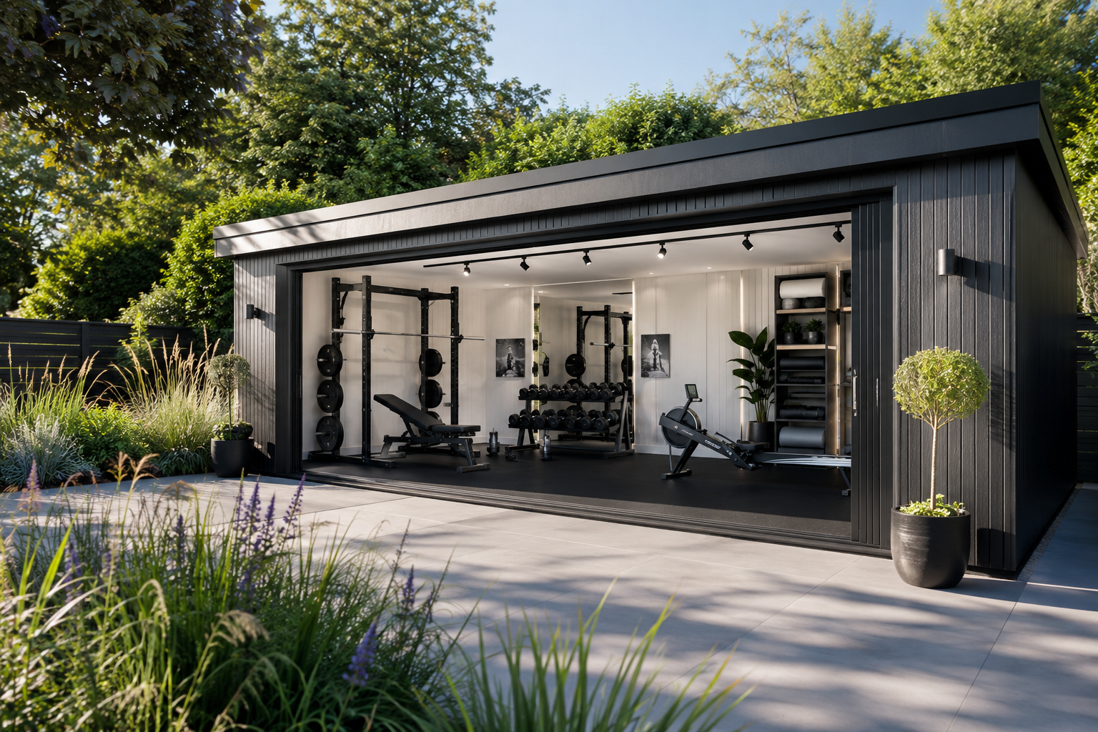 Garden gym construction cutaway showing timber-frame walls, insulation, reinforced floor and cladding