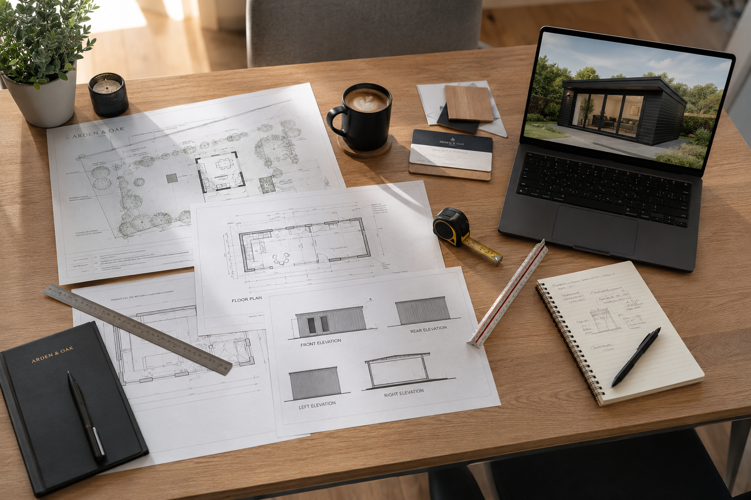 Arden & Oak planning drawings — block plan, floor plan and elevations on the studio desk