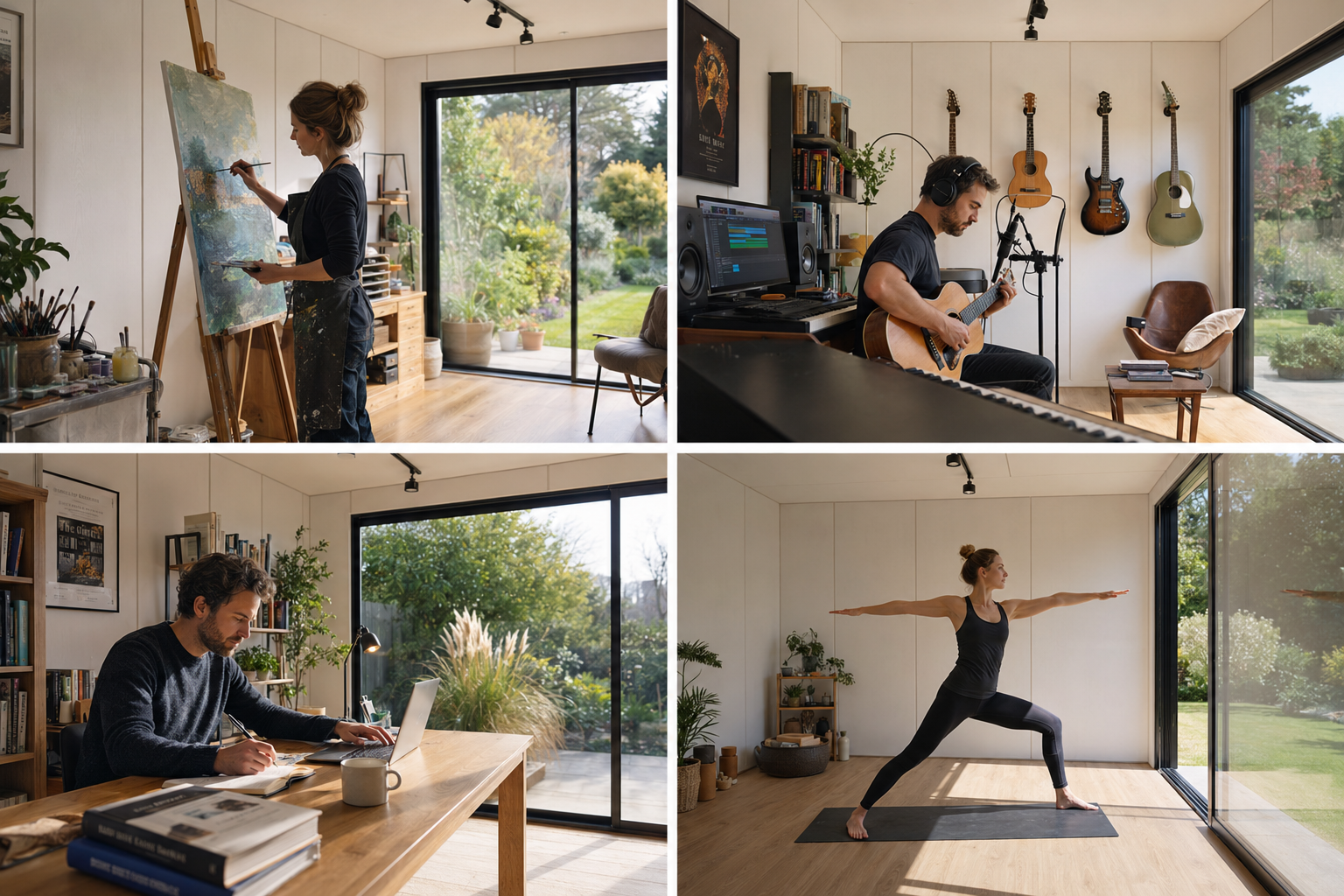 Painter, musician, writer and yoga practice — four lifestyle scenes inside an Arden & Oak garden studio