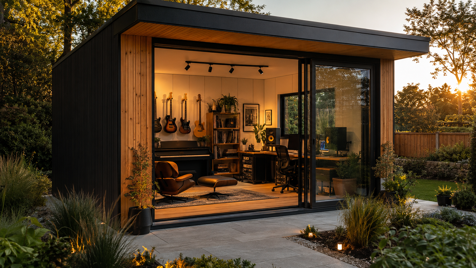 Luxury garden music studio at dusk with acoustic detailing