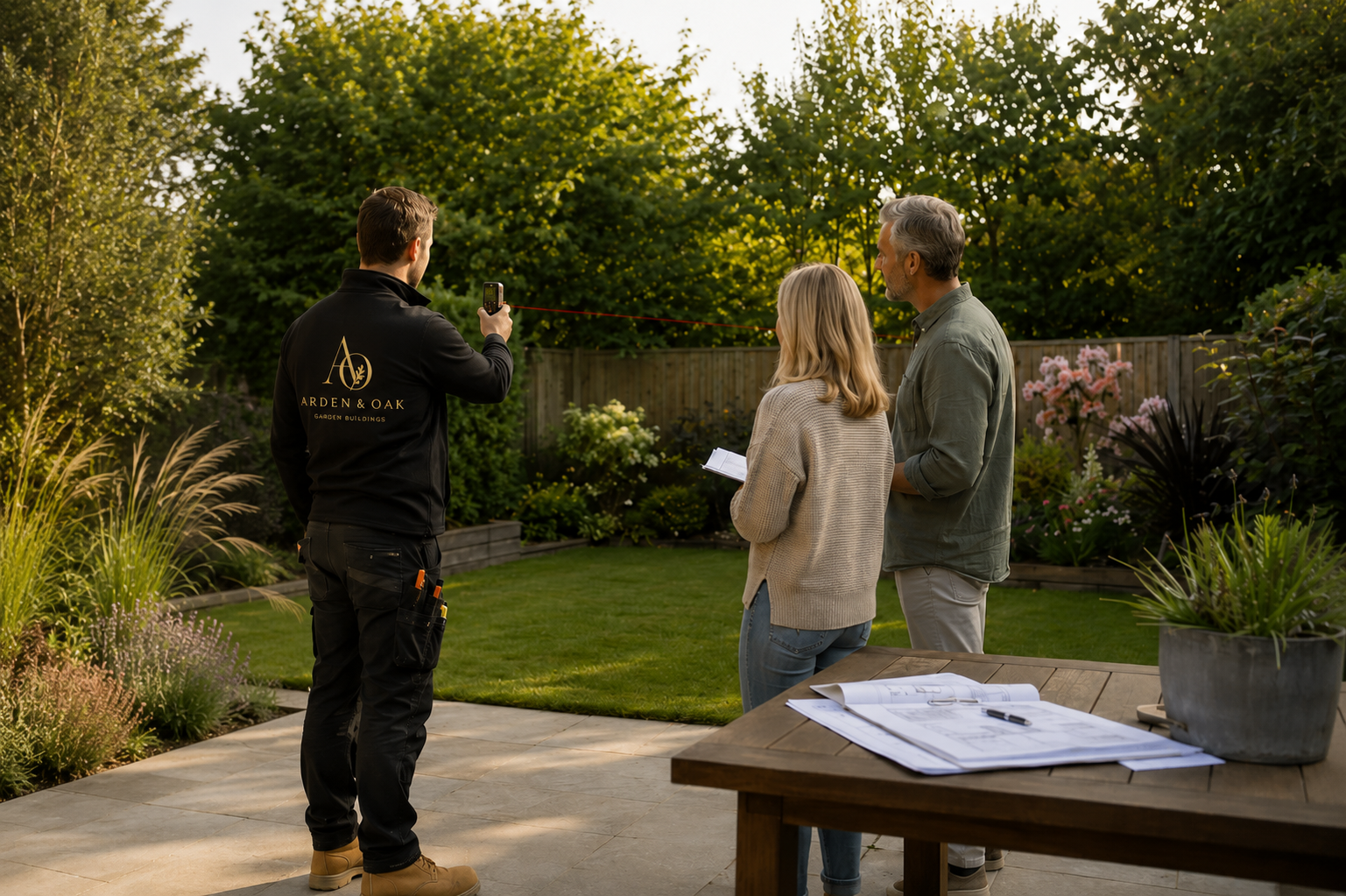 Arden & Oak team conducting a garden site survey with clients