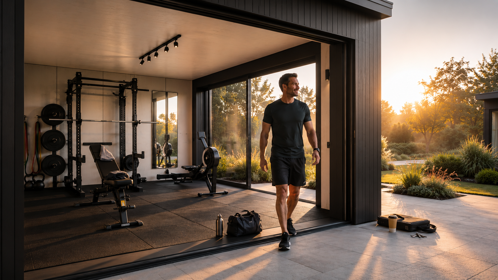 Luxury garden gym at dusk