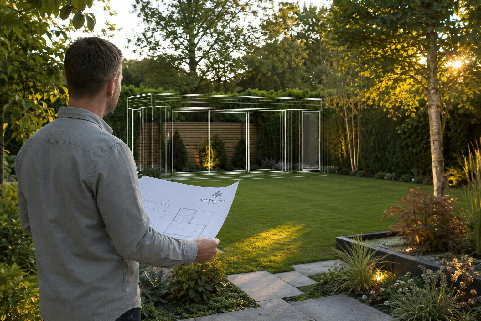 Architectural planning review in a UK garden with wireframe garden room visualisation