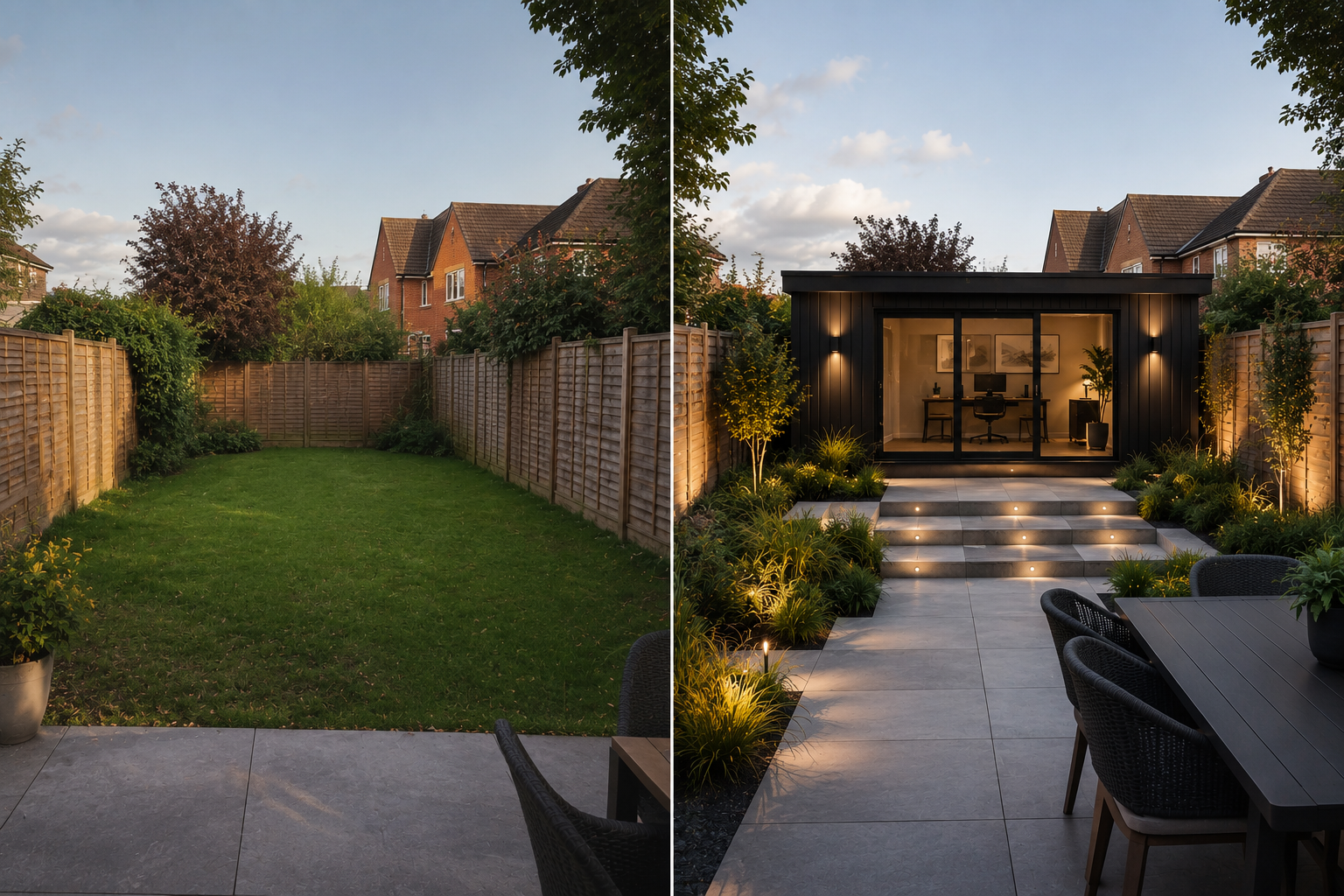 Before and after — empty UK garden transformed with an Arden & Oak garden room