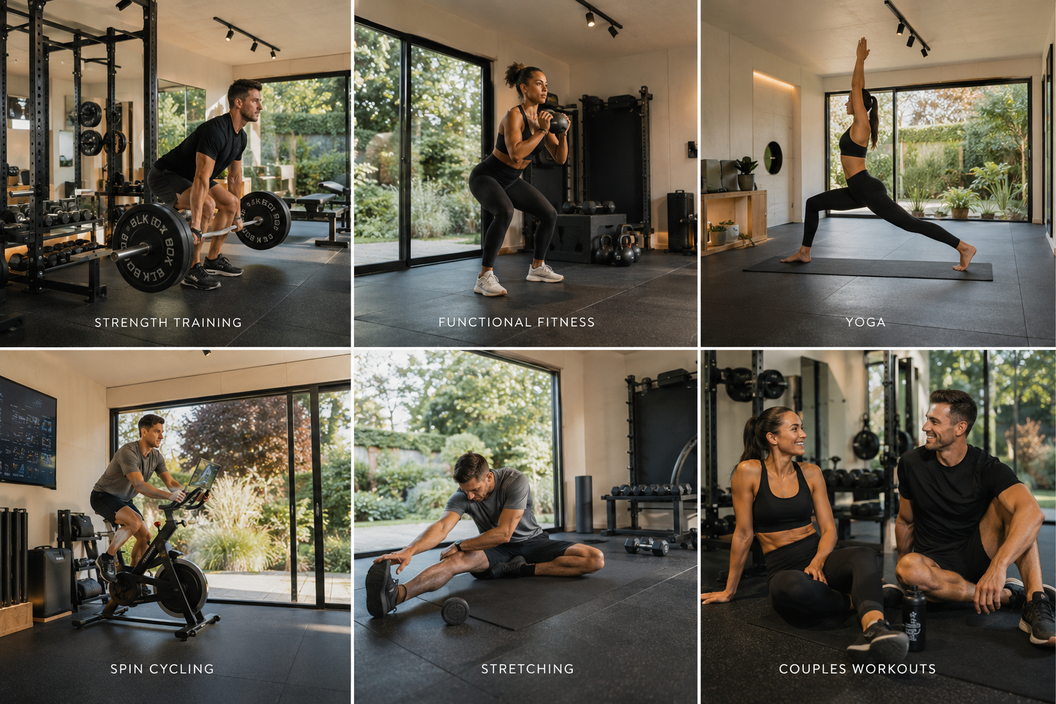 Garden gym inspiration — strength training, functional fitness, yoga, spin cycling, stretching and couples workouts