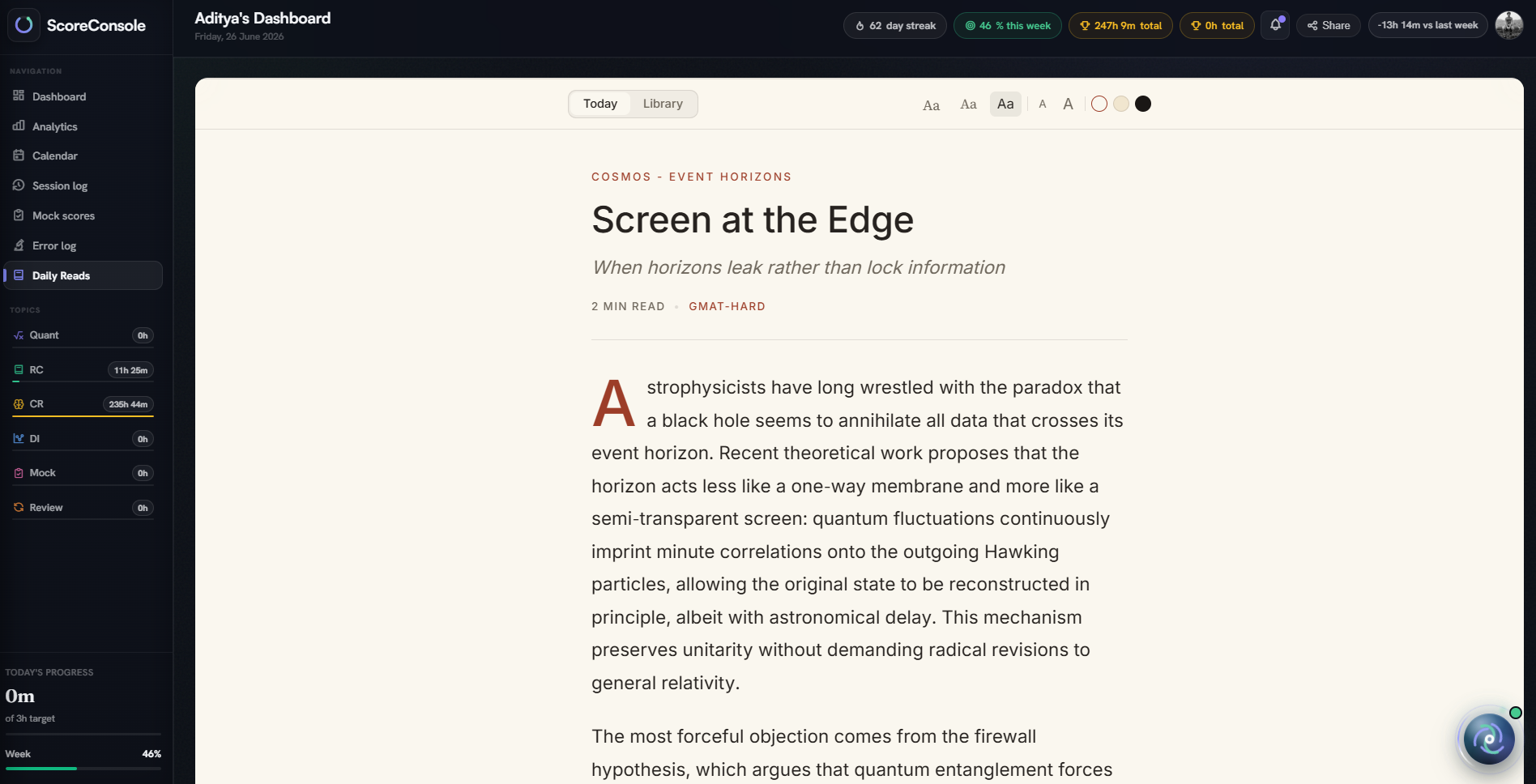 Daily Reads — a GMAT-hard article in reader mode with typography controls