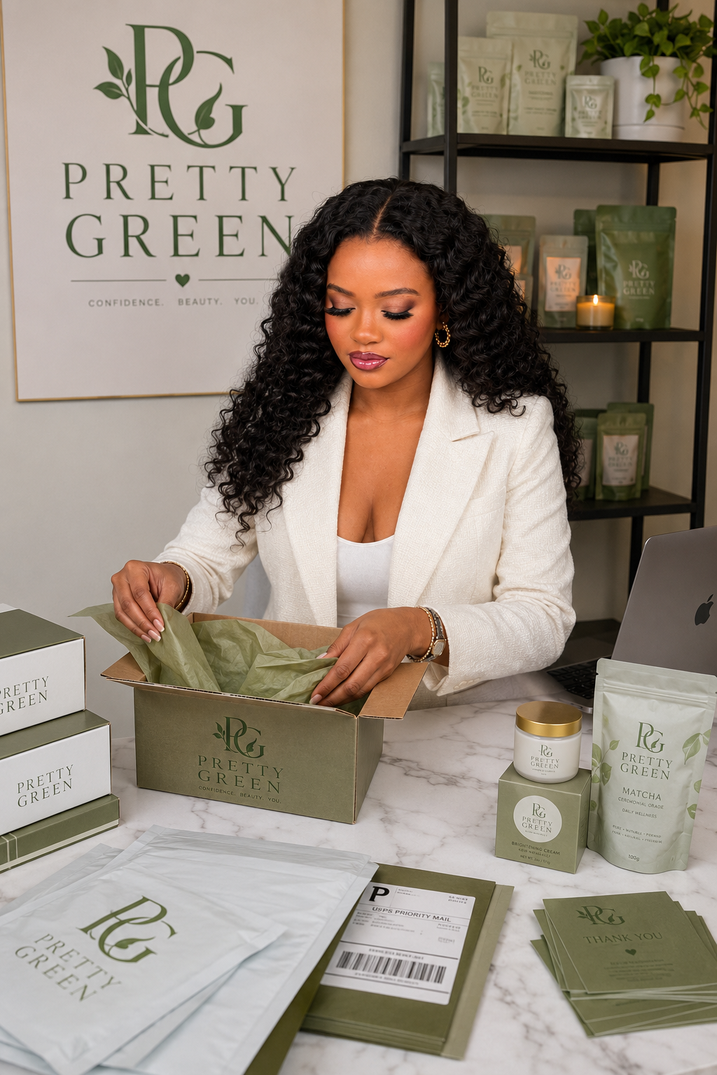 Pretty Green founder packing brightening cream and ceremonial matcha