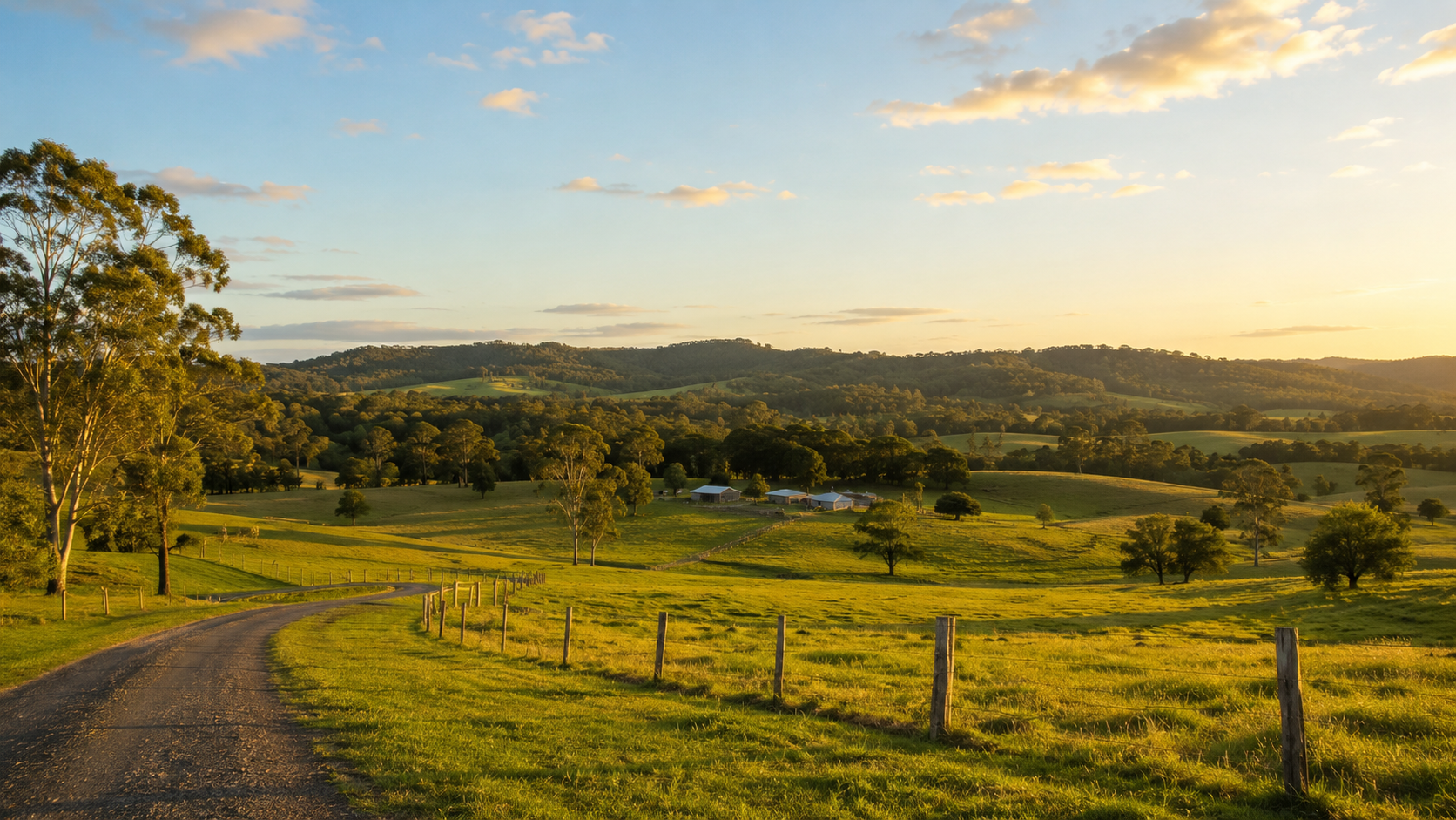 Golden-hour view across Verrierdale's rolling green hinterland pastures, a gravel acreage driveway lined by post-and-wire fencing, scattered eucalypts and a small farm homestead in the middle distance