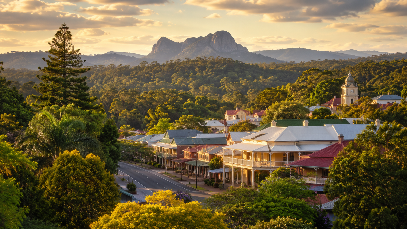 Golden-hour view over Cooroy's historic main street with verandahed Queenslander shopfronts, a clock tower, surrounding hinterland bushland and Mount Cooroy rising in the background