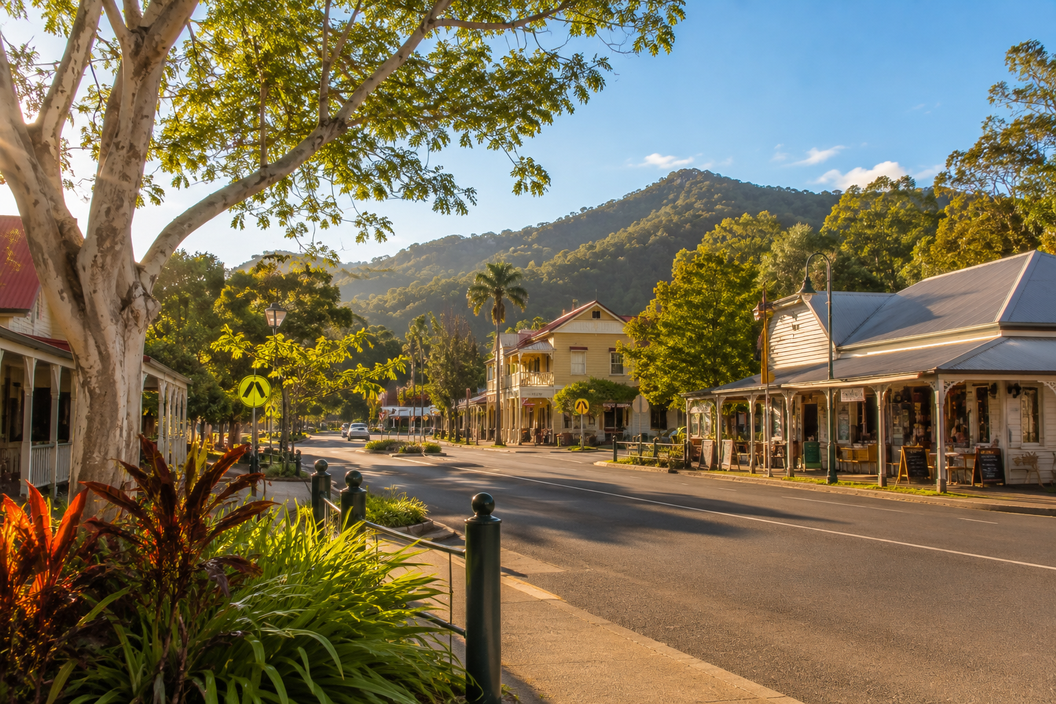 Pomona's historic main street in warm afternoon light with verandahed timber Queenslander shopfronts, mature shade trees and Mount Cooroora rising in the background