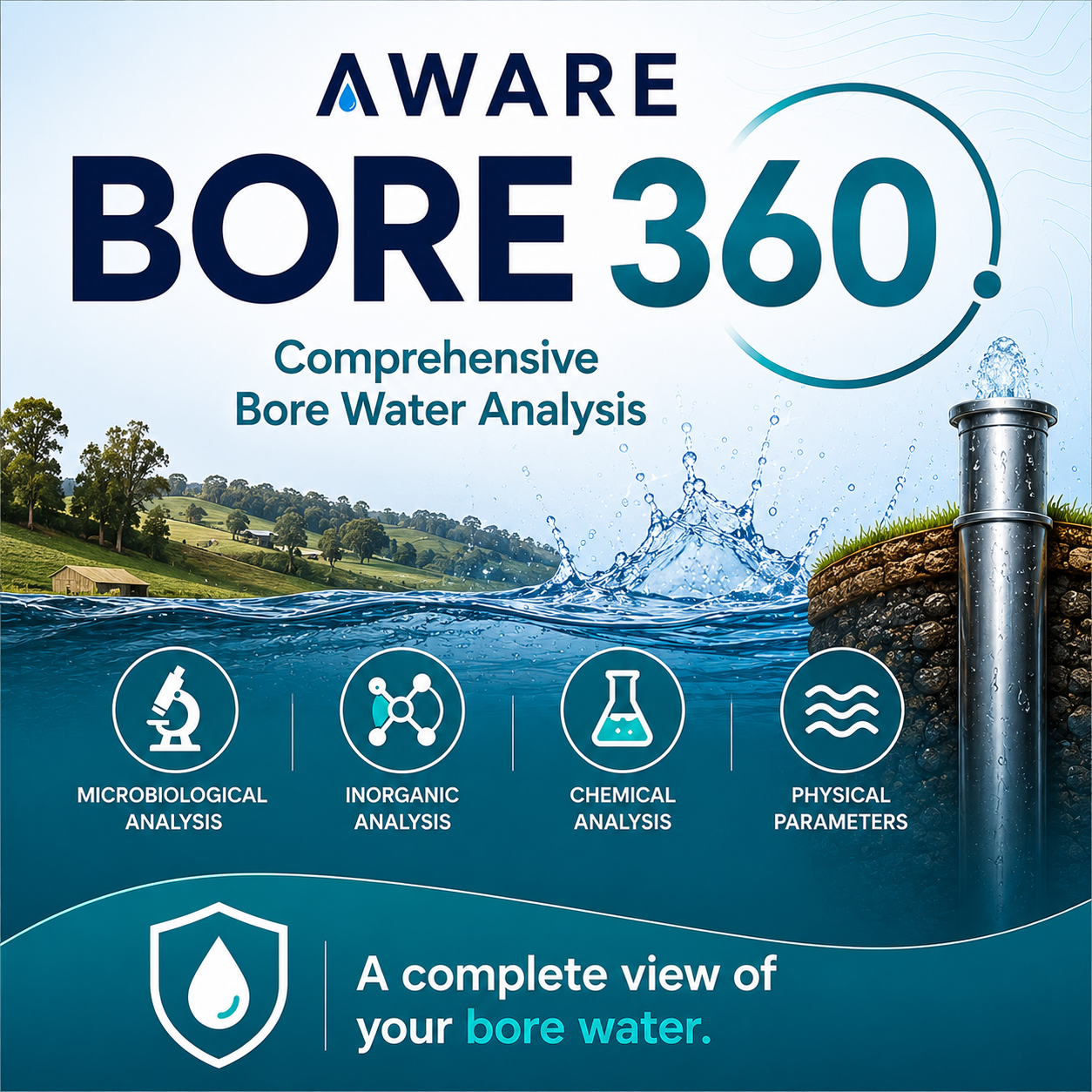 AWARE Bore 360 — comprehensive bore water analysis card showing groundwater layers and full analysis categories