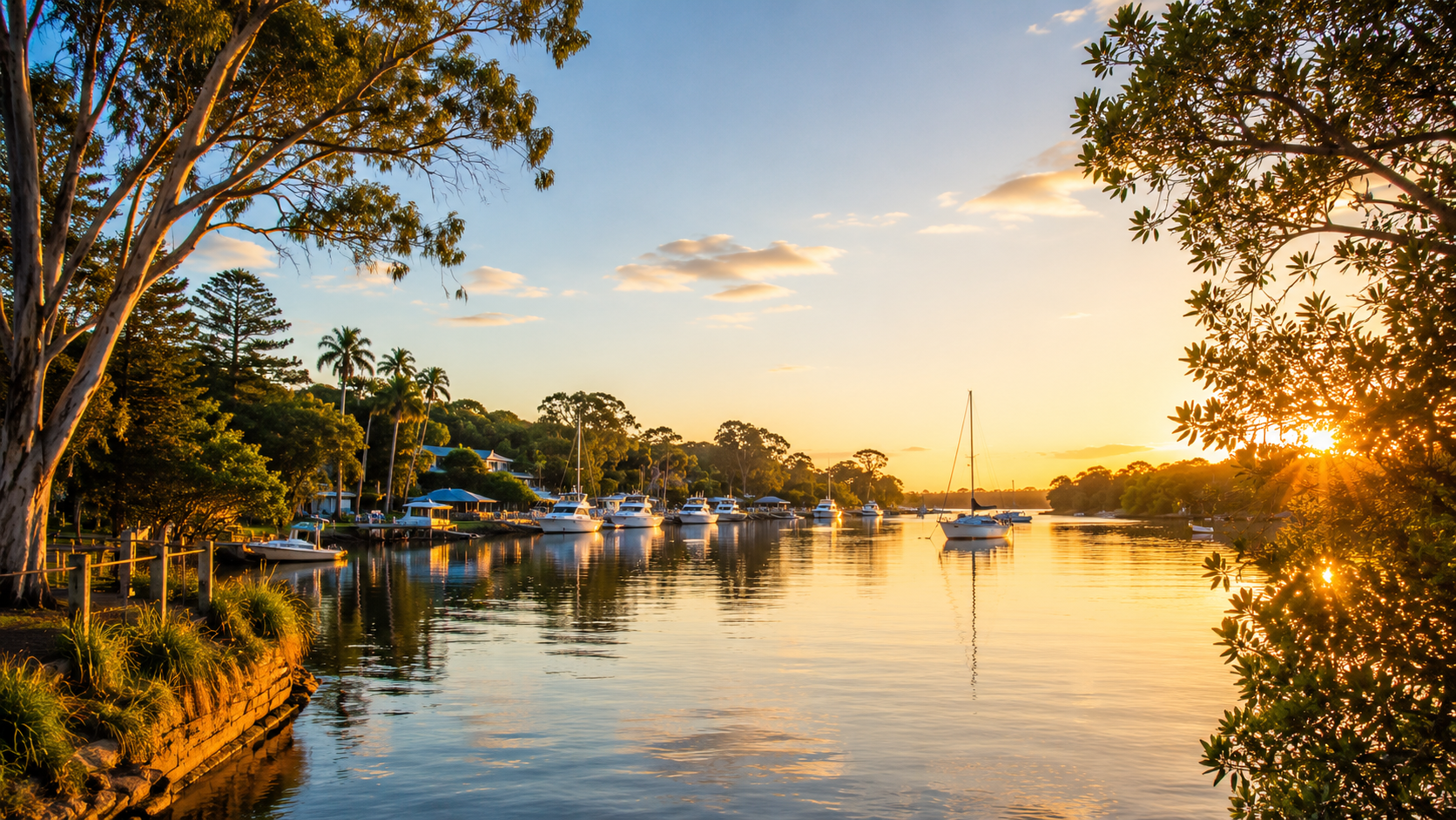 Golden-hour view of the Noosa River at Tewantin with moored boats and sailing yachts on calm water, eucalypts and palms lining the foreshore, and warm sunset light reflecting off the river surface