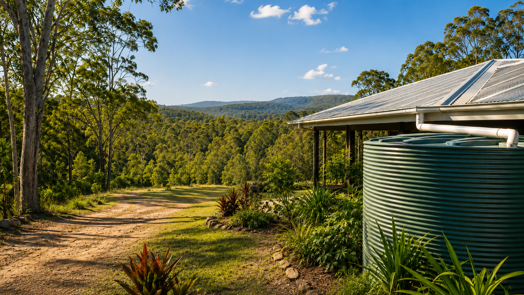 A green Colorbond rainwater tank fed by the roof catchment of a Sunshine Coast hinterland acreage home, with a dirt driveway and bushland eucalypt canopy