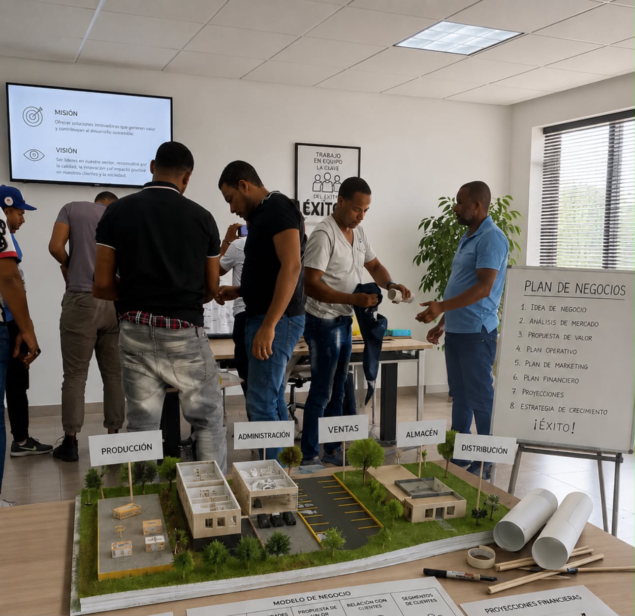 Taller de Nextpro Multiservices LLC con maqueta de plan de negocios mostrando producción, administración, ventas, almacén y distribución, junto a pizarra con los 8 pasos del plan de negocios