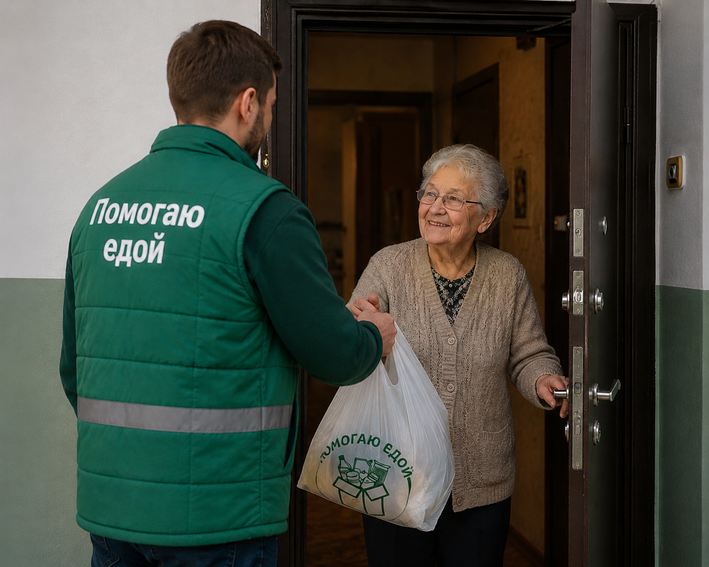 Волонтёр передаёт продуктовый набор пожилой женщине
