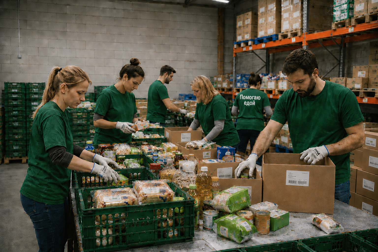 Волонтёры сортируют продукты на складе
