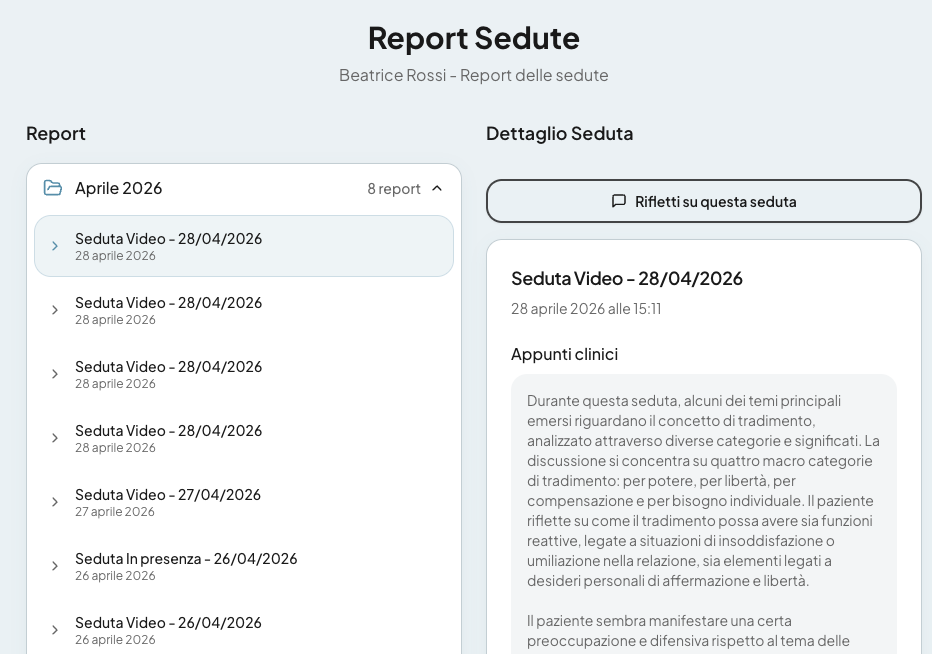 Report sedute e dettaglio note cliniche