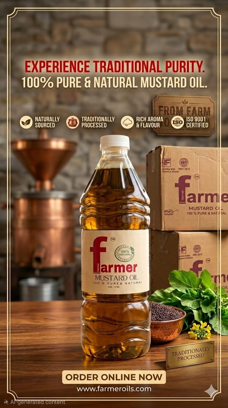 Farmer — Experience Traditional Purity. 100% Pure & Natural Mustard Oil. ISO 9001 Certified.