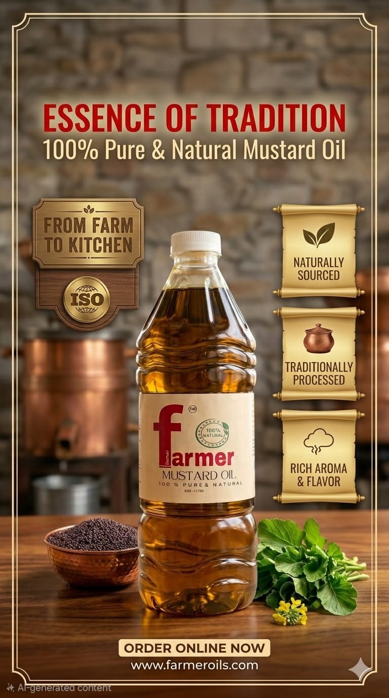 Farmer — Essence of Tradition. 100% Pure & Natural Mustard Oil. From Farm to Kitchen.