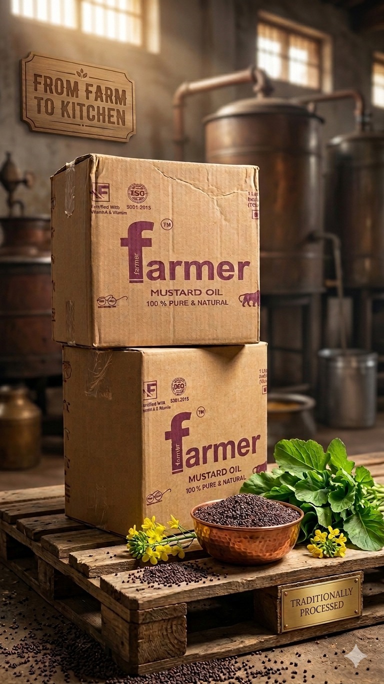 Farmer mustard oil cartons with mustard seeds and flowers — from farm to kitchen