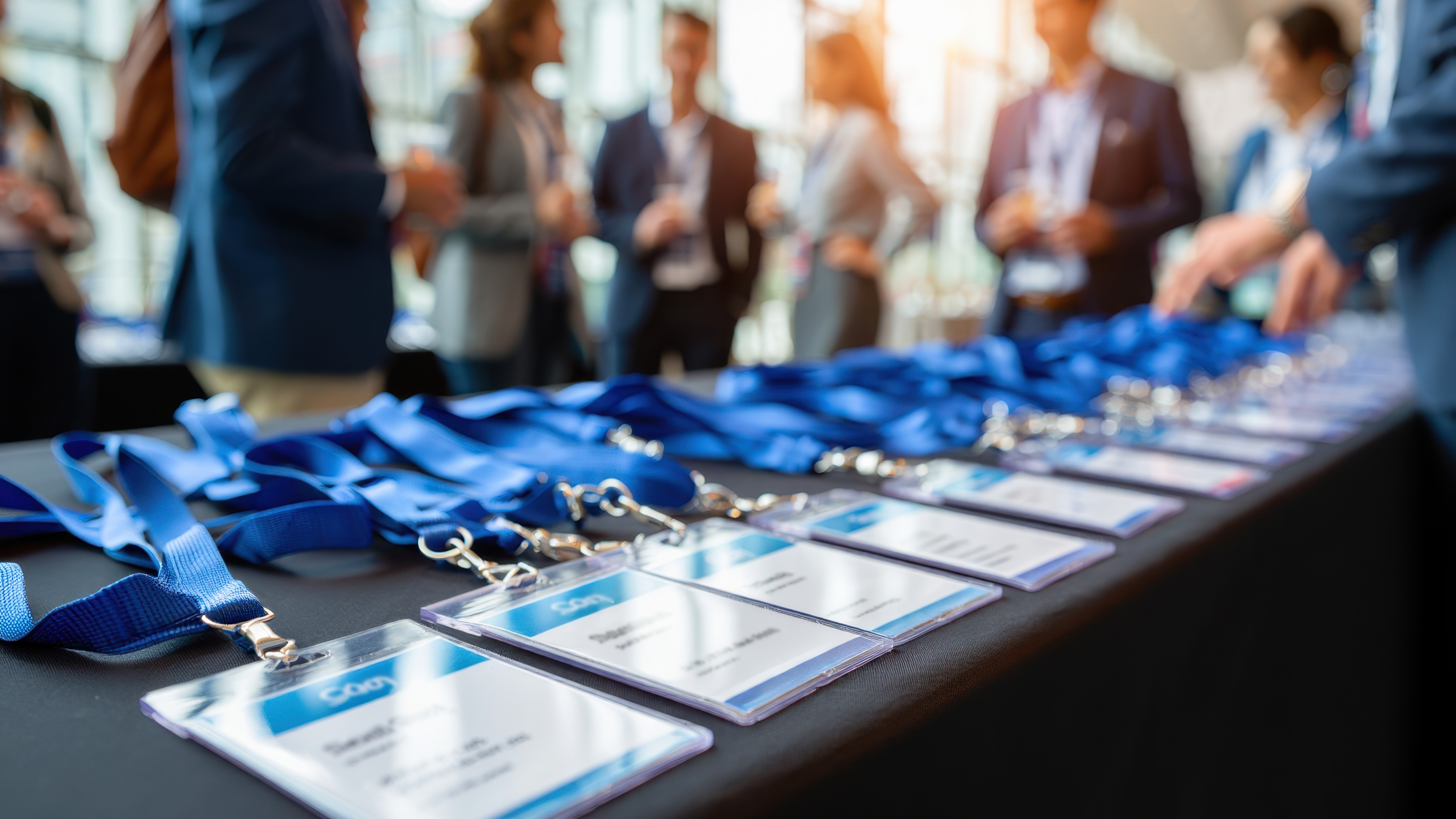 Corporate conference name badges and lanyards laid out on a check-in table — branded event merchandise setup