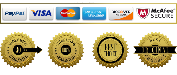 Secure payment networks (PayPal, Visa, Mastercard, American Express, Discover) and satisfaction guarantee seals — reference only