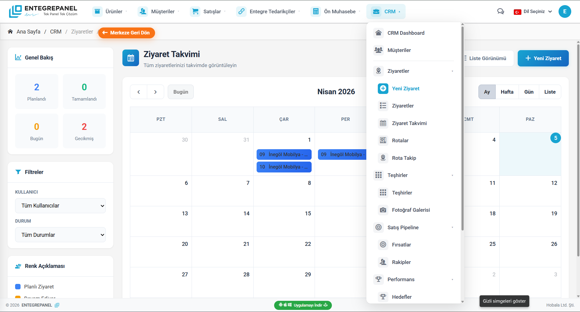 EntegrePanel B2B CRM - Ziyaret Takvimi