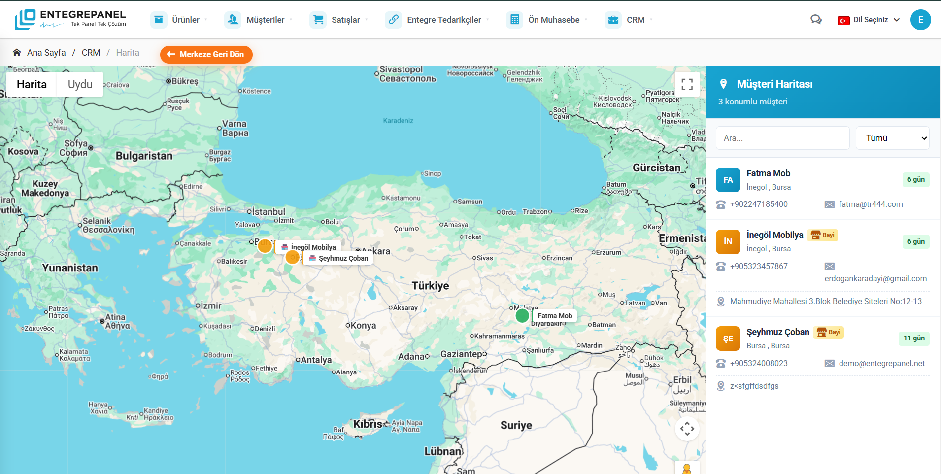 EntegrePanel B2B CRM - Müşteri Haritası